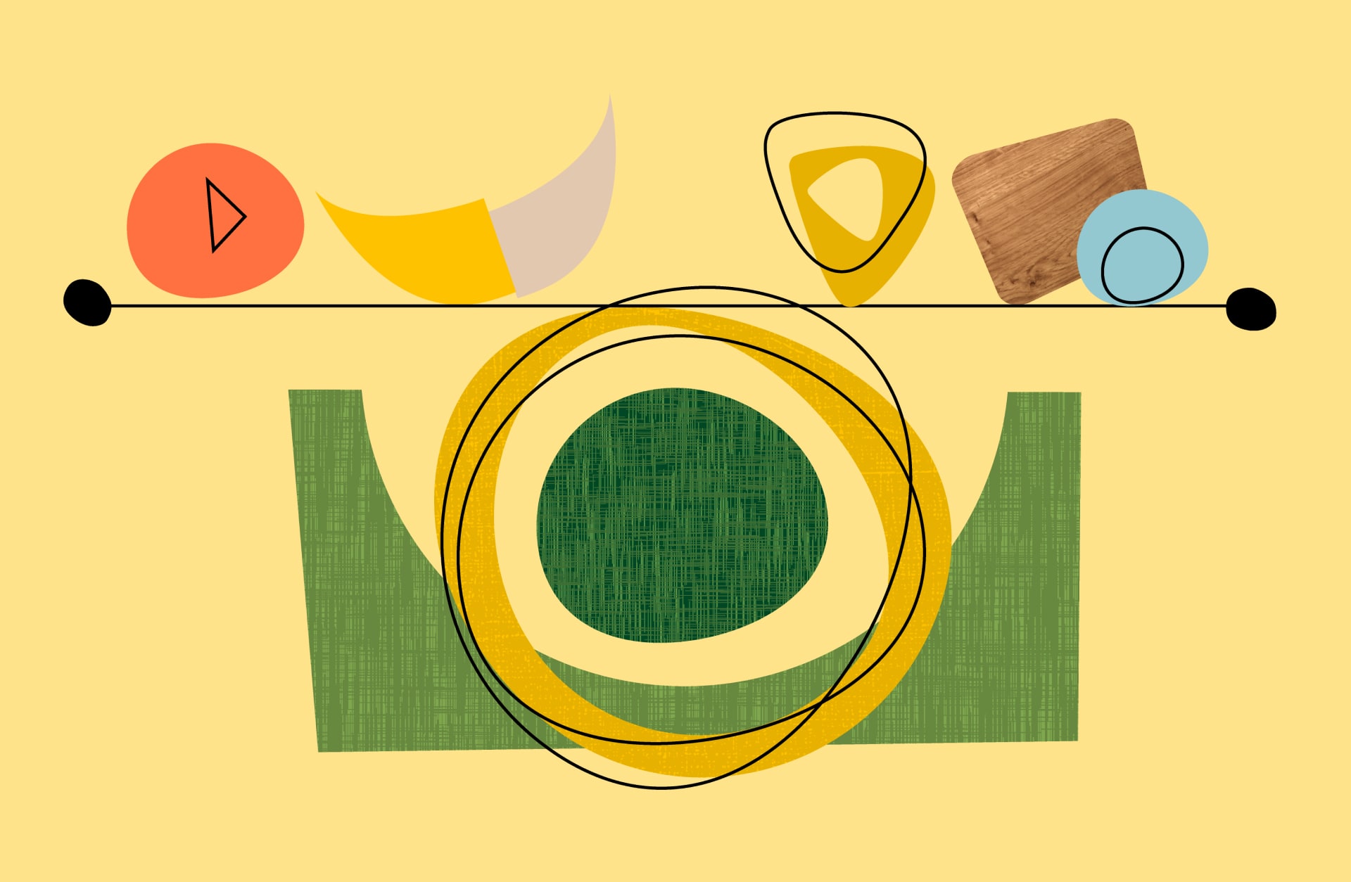 Abstrakte Grafik mit geometrischen Formen in verschiedenen Farben auf gelbem Hintergrund.