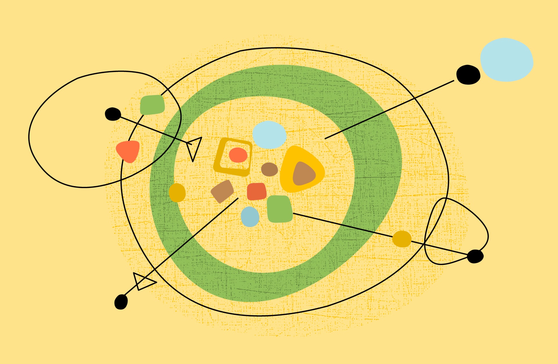 Abstrakte Grafik mit bunten Formen und Linien auf gelbem Hintergrund, die ein dynamisches Konzept darstellt.