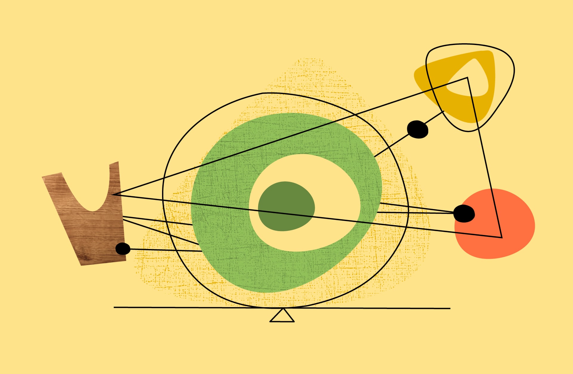 Grafische Darstellung mit geometrischen Formen und Farben auf gelbem Hintergrund, symbolisiert relationale TA.