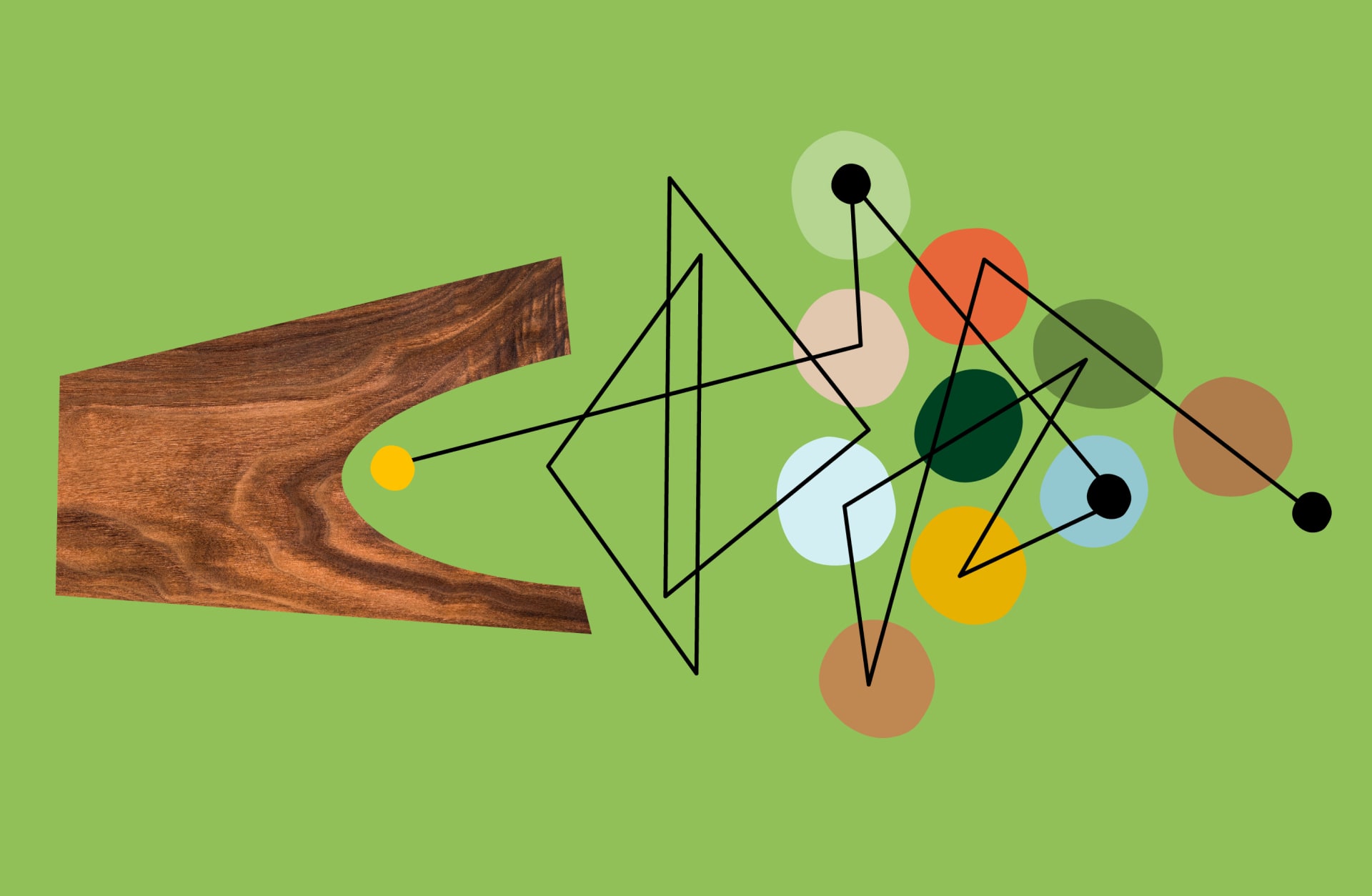 Grafik zur relationalen Teamentwicklung mit geometrischen Formen und Farben auf grünem Hintergrund.