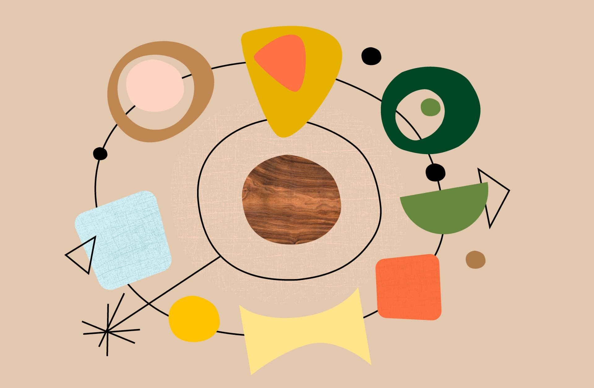 Abstrakte Illustration mit geometrischen Formen auf einem beigen Hintergrund, die Wachstum und Reife symbolisieren.