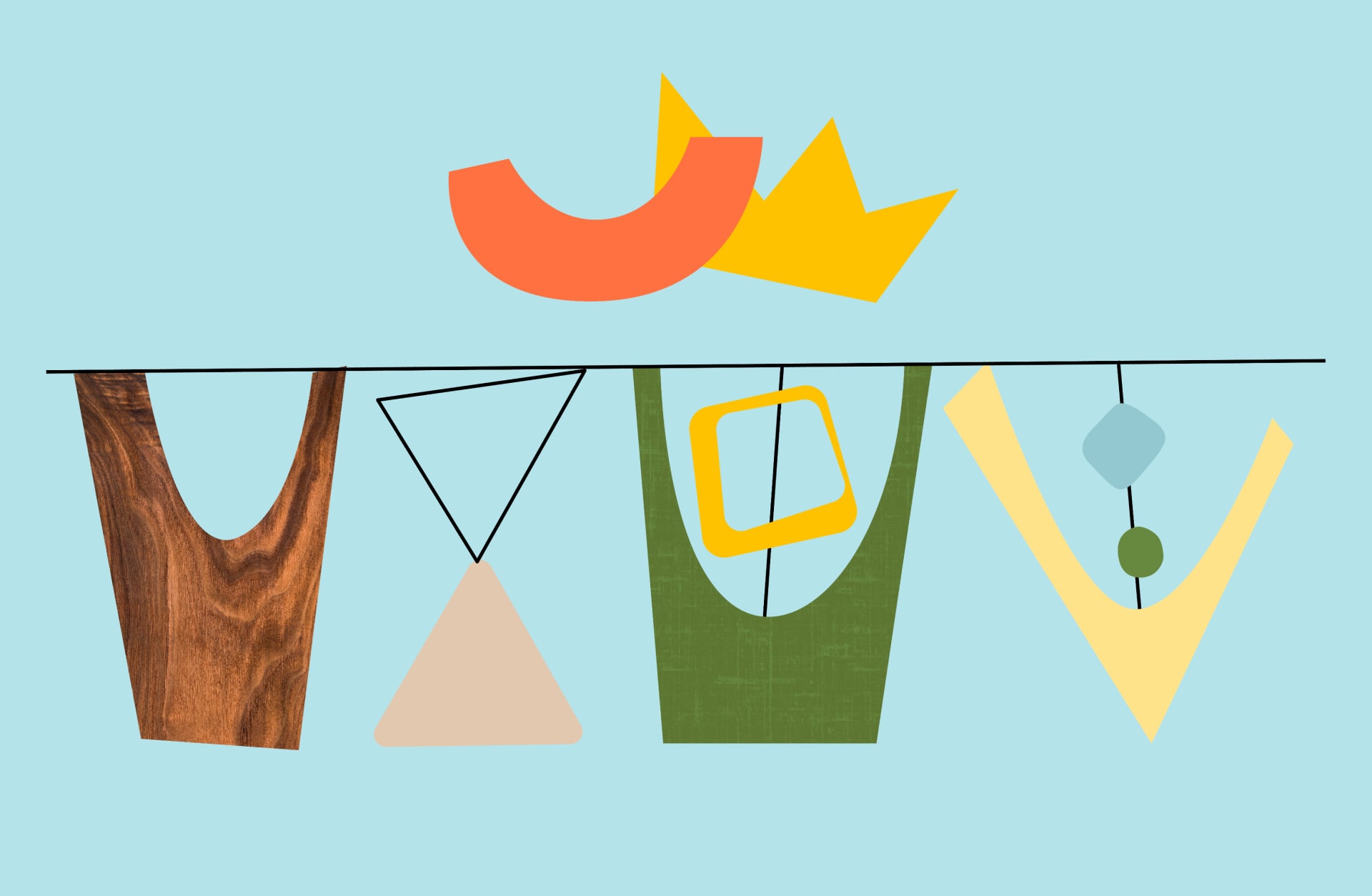 Bunte geometrische Formen hängen an einer Linie vor einem hellblauen Hintergrund.