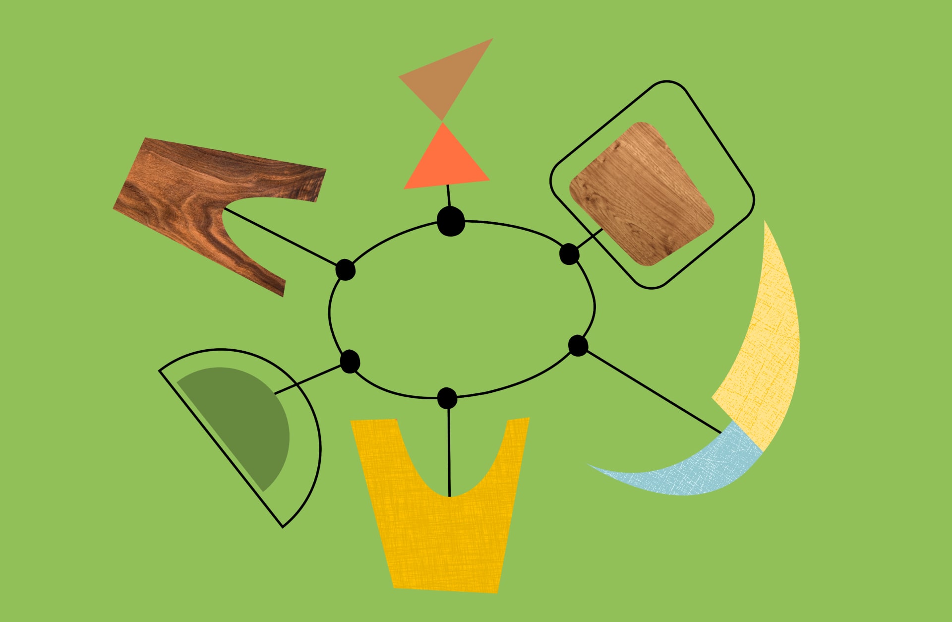 Bunte geometrische Formen und Holztexturen auf grünem Hintergrund, symbolisieren kreative Zusammenarbeit.