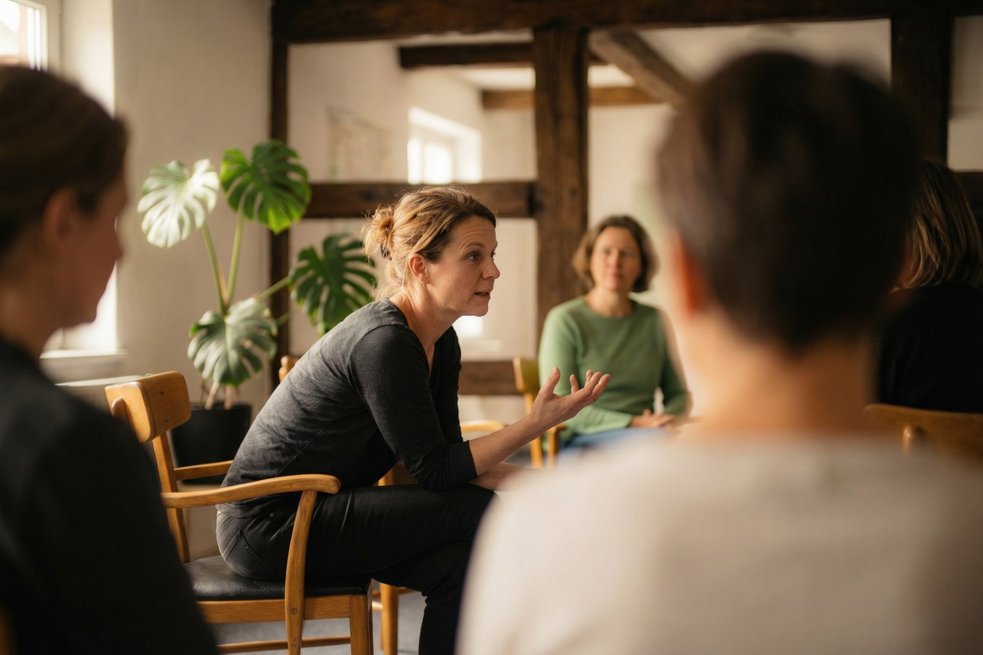 Eine Frau spricht in einer Gruppe, während andere Teilnehmer aufmerksam zuhören. Pflanzen und Holzdetails im Hintergrund.